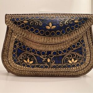 Elegant Blue and Gold Embroidered Bag